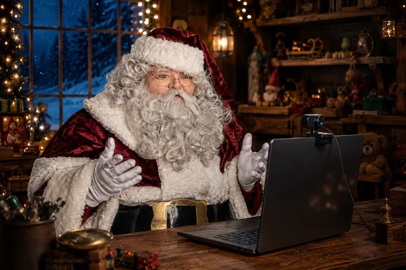 Santa Claus realizando una conexión virtual desde su taller navideño