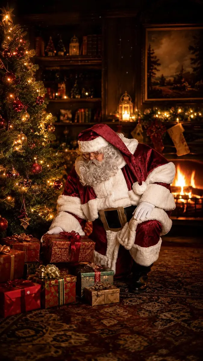 Santa Claus preparando los regalos junto al árbol de Navidad