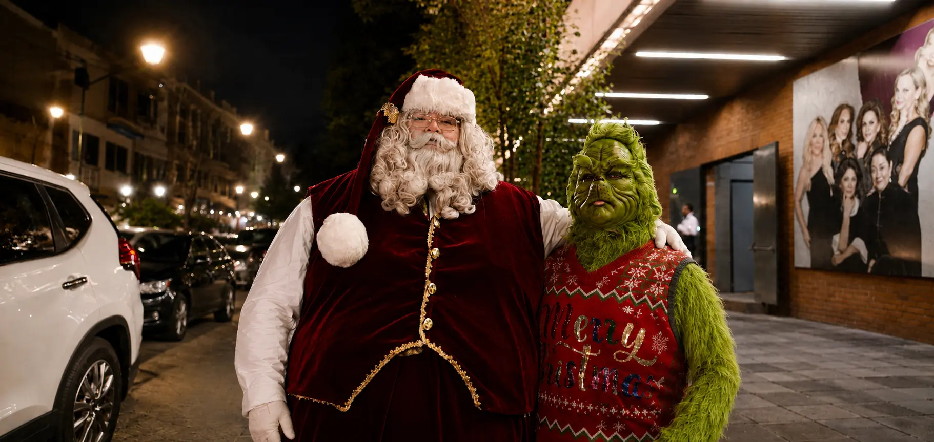 Santa Claus acompañado por Mr. Grinch durante una convivencia navideña