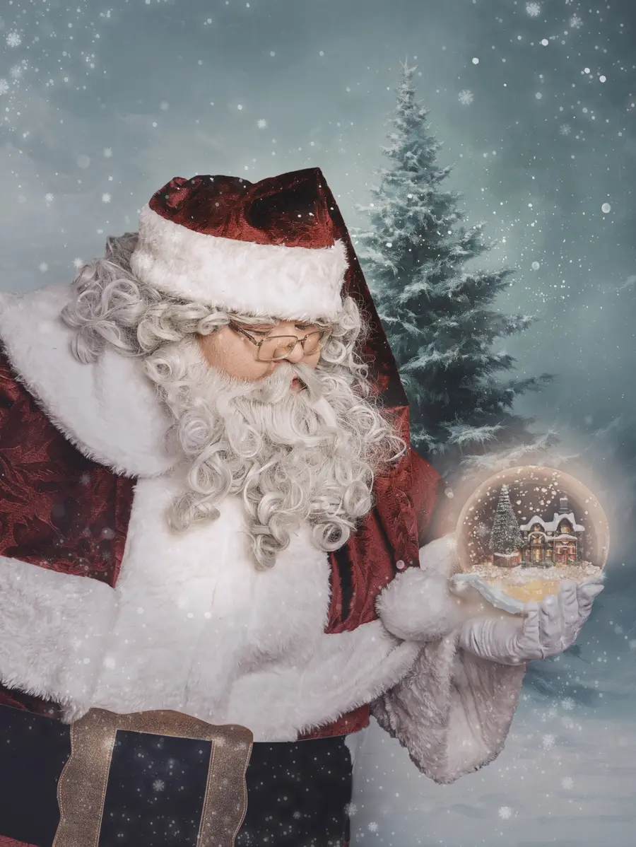 Santa Claus sosteniendo una esfera con una villa navideña