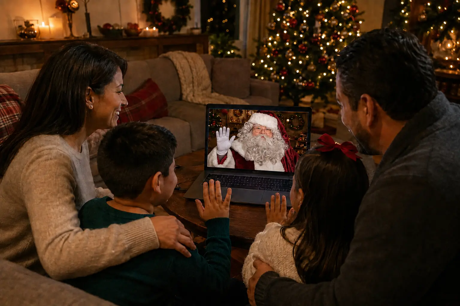 Una familia conversando con Santa Claus mediante videollamada